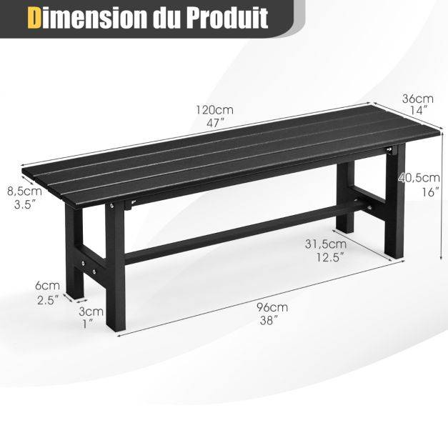 Helloshop26 - Banc de jardin hdpe pour 2 personnes charge 300 kg banquette extérieur avec cadre en métal et couvre-pied de protection noir - Imagen 5