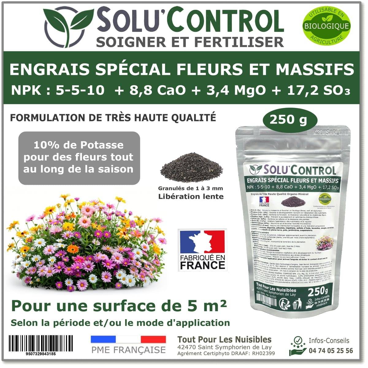 Tout pour les nuisibles - SOLU’CONTROL - 250 g - Engrais Spécial Fleurs et Massifs NPK 5-5-10 - Favorise une floraison abondante, éclatante et durable - UAB