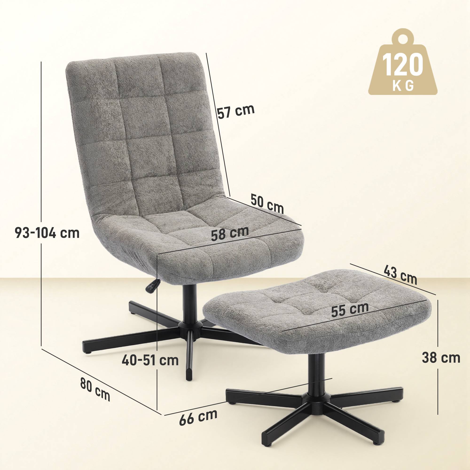 Sans Marque - Fauteuil salon avec repose-pieds, chaise pivotante, hauteur réglable, dossier inclinable, 66 x 80 x 93-104 cm, gris - Image 5