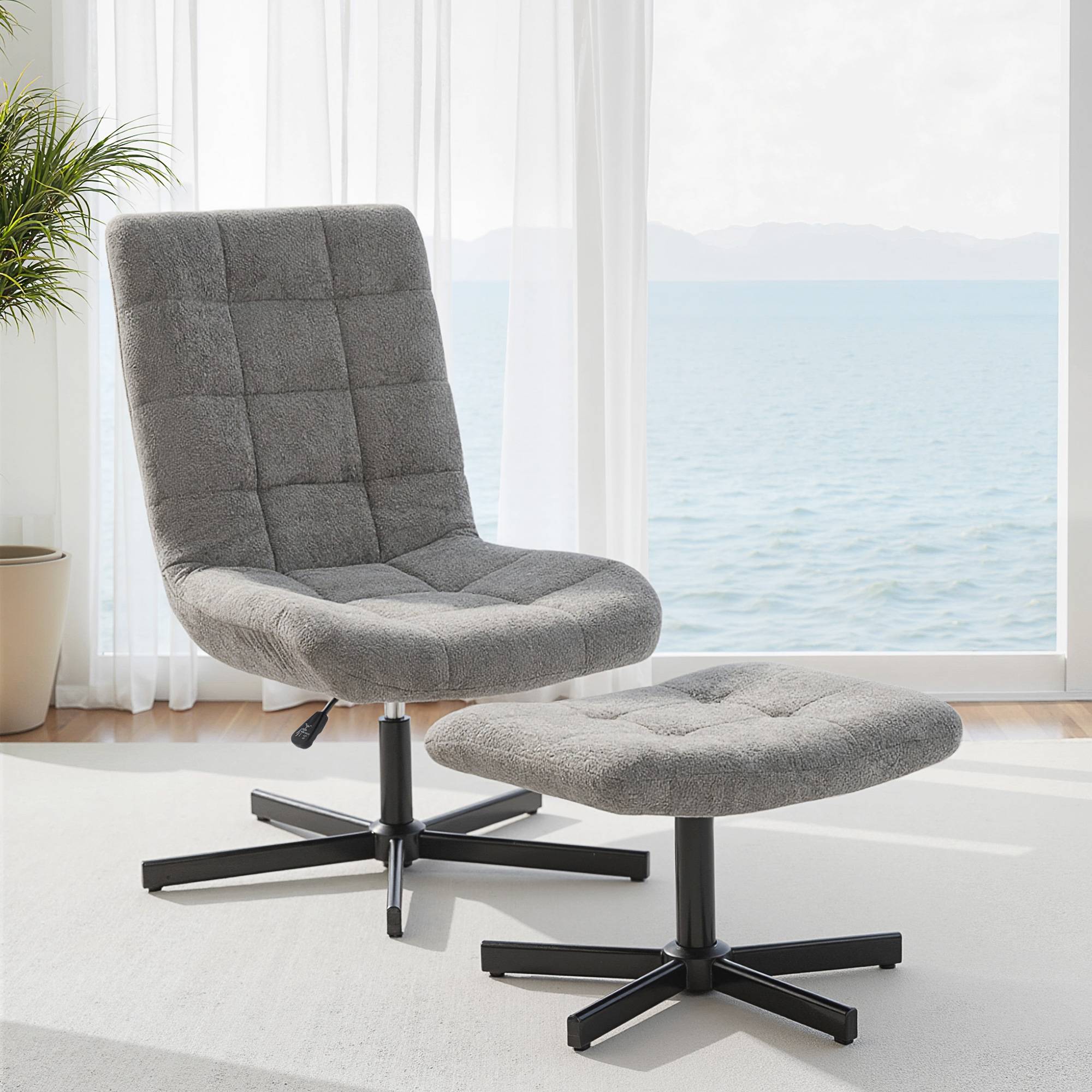 Sans Marque - Fauteuil salon avec repose-pieds, chaise pivotante, hauteur réglable, dossier inclinable, 66 x 80 x 93-104 cm, gris - Image 3