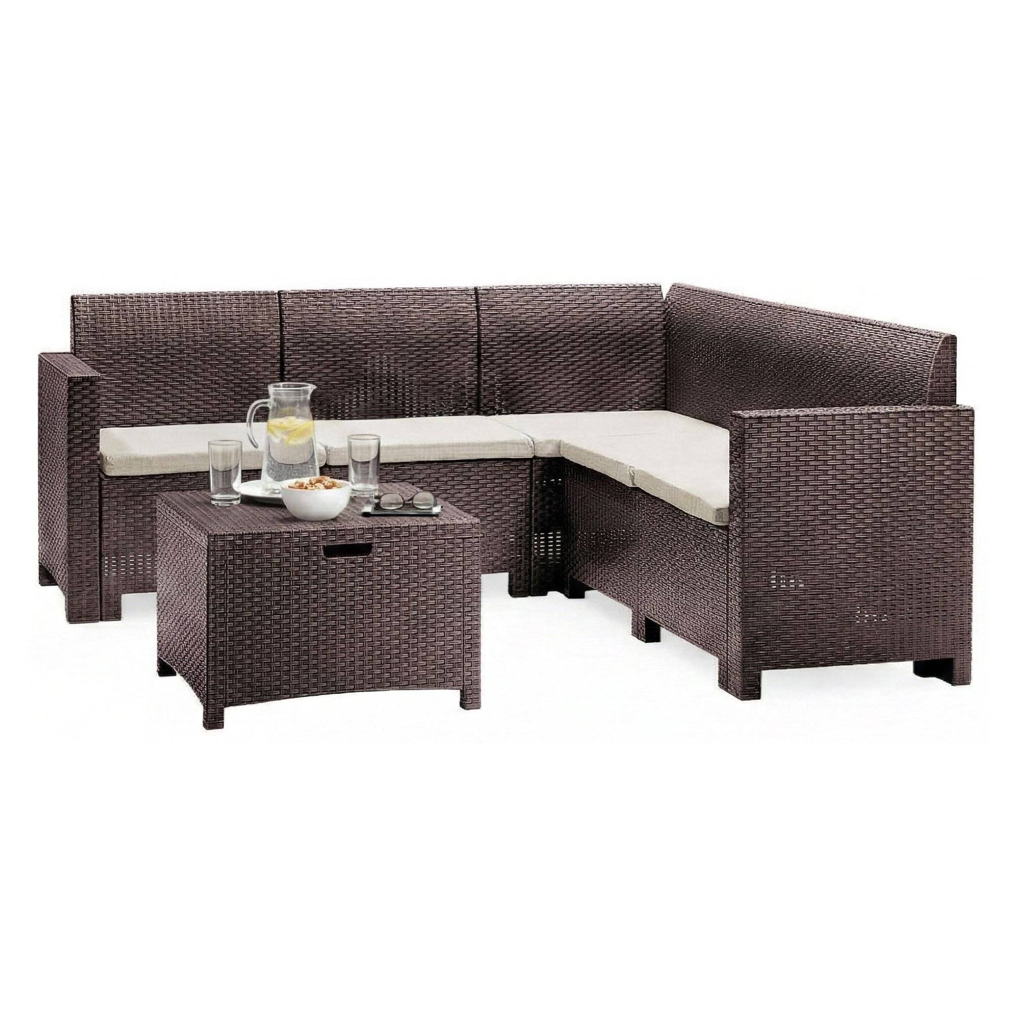Dmora - Ensemble de salon d'extérieur Dcorre, Ensemble de jardin avec coussins, Ensemble de salon d'intérieur effet rotin, 100% Made in Italy, Marron - Dmora - Imagen 1