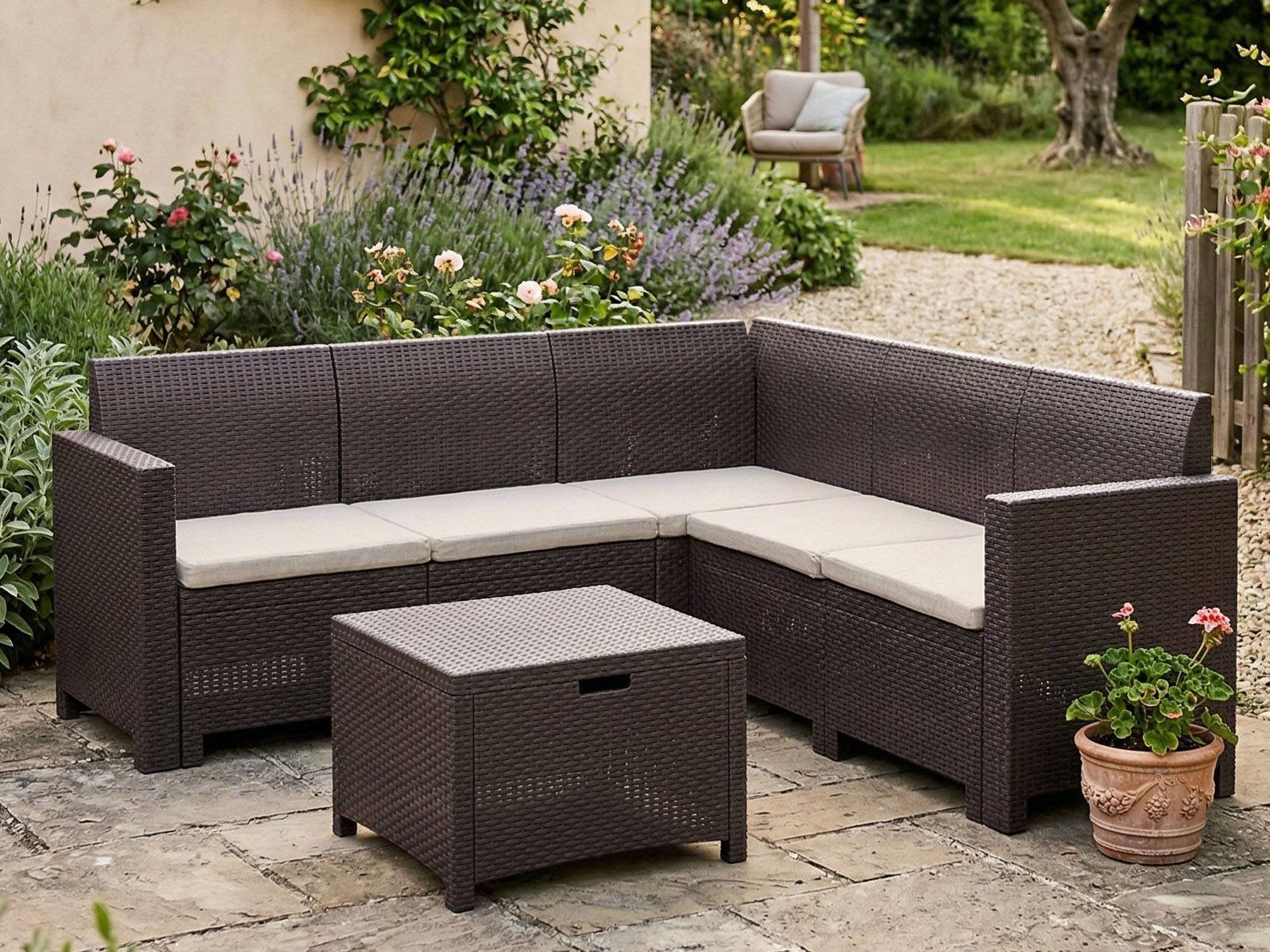 Dmora - Ensemble de salon d'extérieur Dcorre, Ensemble de jardin avec coussins, Ensemble de salon d'intérieur effet rotin, 100% Made in Italy, Marron - Dmora - Imagen 6