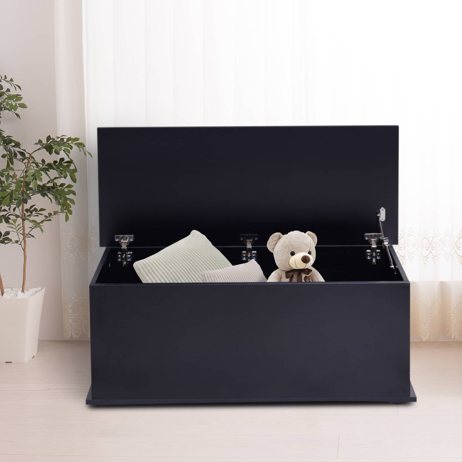 Coffre rangement bois avec charnières sécurité, coffre jouets et banc rangement multifonction 100x40x40 cm noir moderne - Image 4