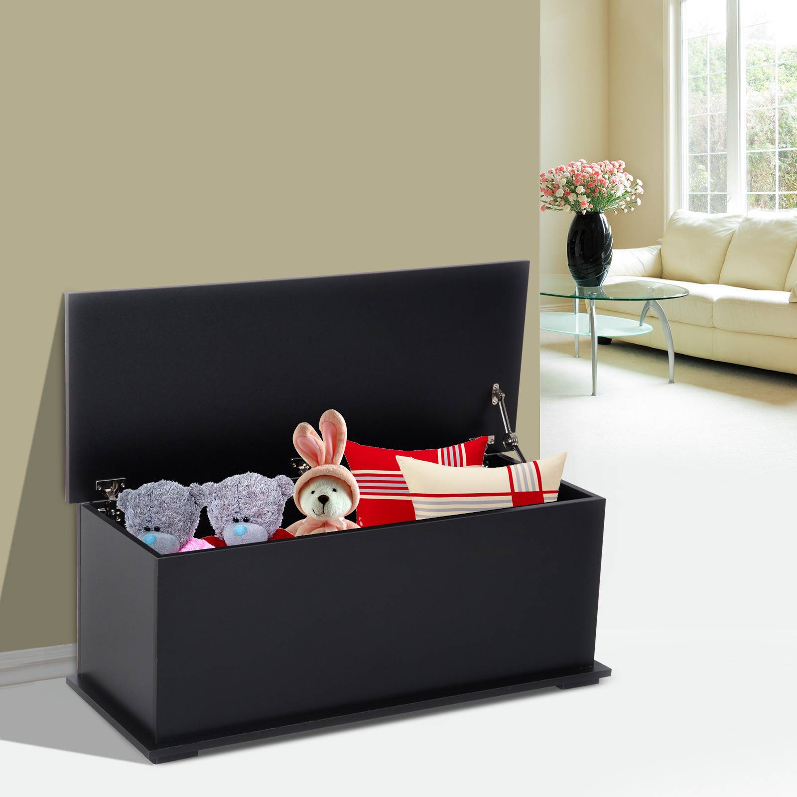 Coffre rangement bois avec charnières sécurité, coffre jouets et banc rangement multifonction 100x40x40 cm noir moderne - Image 3