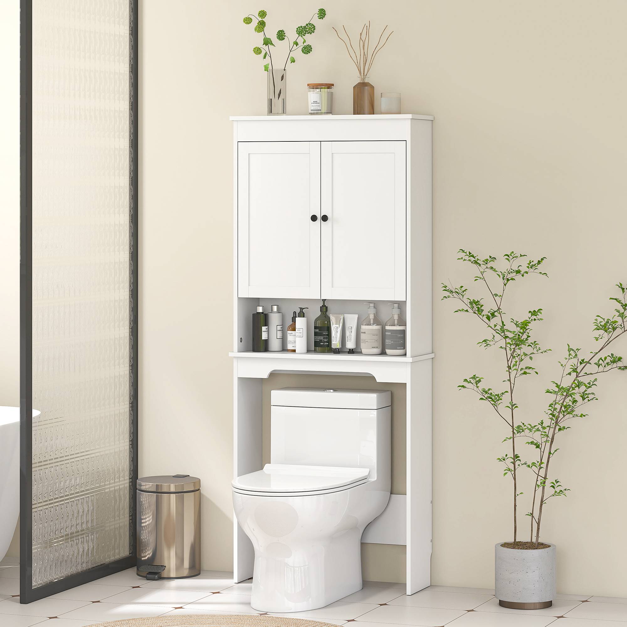 Sans Marque - Meuble toilette 3 étagères fermées étagère ouverte bois 65x22x161 cm blanc - Image 4