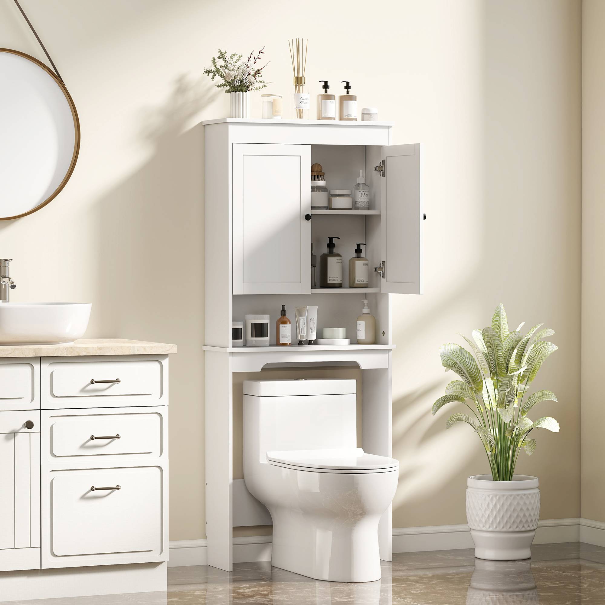 Sans Marque - Meuble toilette 3 étagères fermées étagère ouverte bois 65x22x161 cm blanc - Image 3