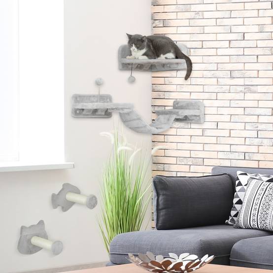 Parcours mural chat bois peluche intérieur saut escalade 90x26x12cm gris - ComfortXL Outdoor Living - Image 3