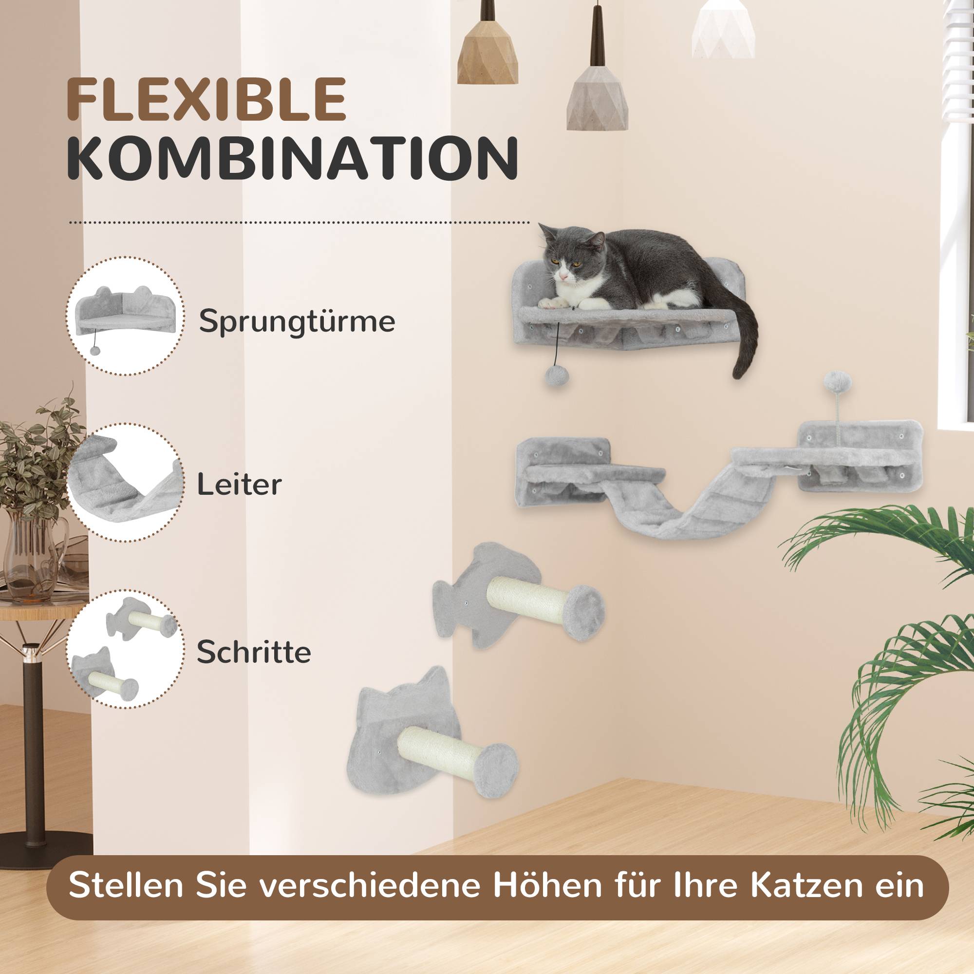 Parcours mural chat bois peluche intérieur saut escalade 90x26x12cm gris - ComfortXL Outdoor Living - Image 7
