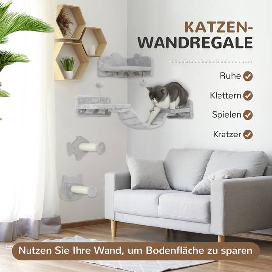Parcours mural chat bois peluche intérieur saut escalade 90x26x12cm gris - ComfortXL Outdoor Living - Image 6