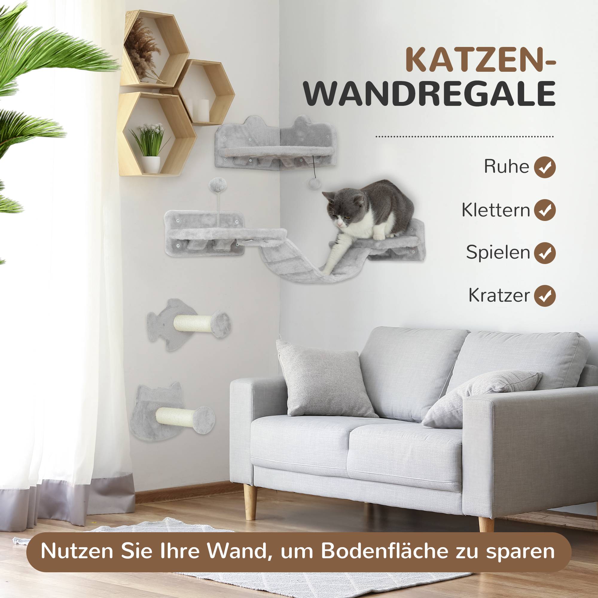 Parcours mural chat bois peluche intérieur saut escalade 90x26x12cm gris - ComfortXL Outdoor Living - Image 6