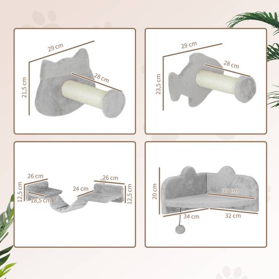 Parcours mural chat bois peluche intérieur saut escalade 90x26x12cm gris - ComfortXL Outdoor Living - Image 5