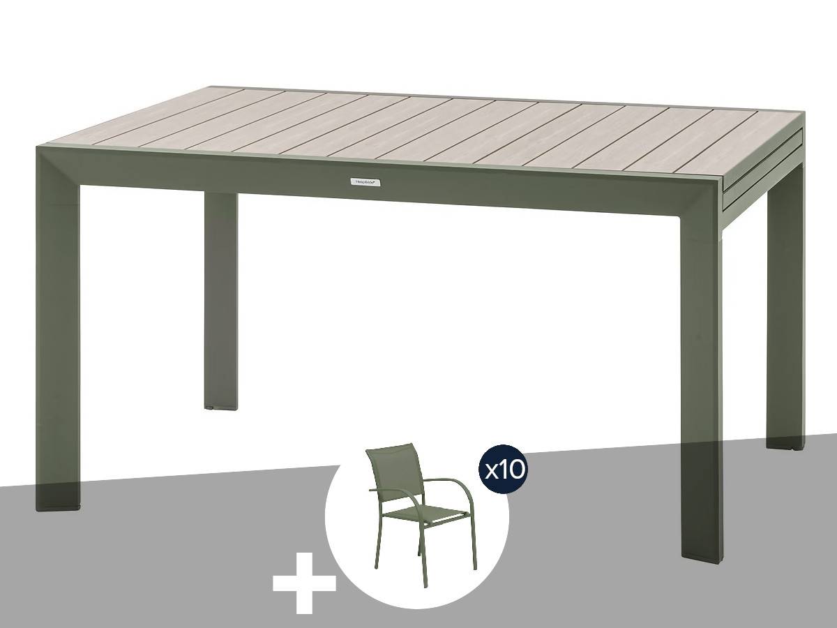 Hesperide - Table de jardin rectangulaire extensible coulissante Evasion Lin/Vert Laurier 8/10 places + 10 fauteuils - Hespéride - Image 1