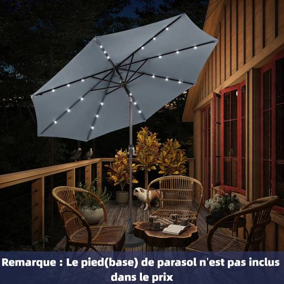 Parasol Inclinable Dia. 300 cm avec 24 Lumières LED Dolaire en Scier Toile Polyester pour Jardin et Terrasse Gris F182R - Image 2