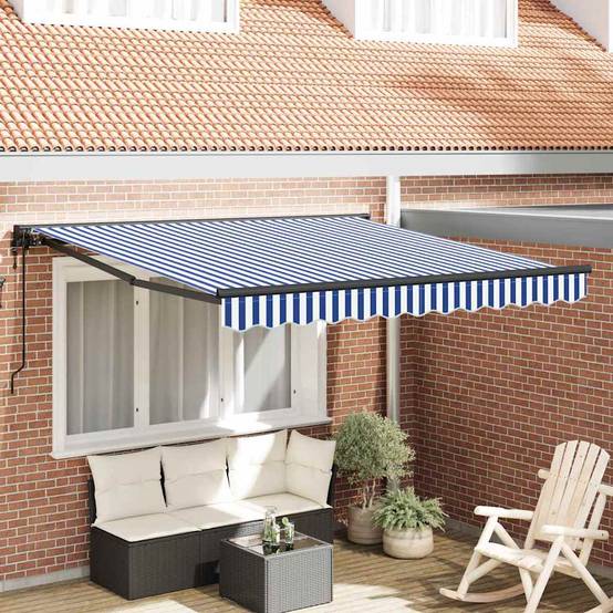 Store Banne Motorisé Toile Polyester et Métal Anti-UV pour Balcon Extérieur Bleu et Blanc 300x250cm – ComfortXL Outdoor Living - Image 1