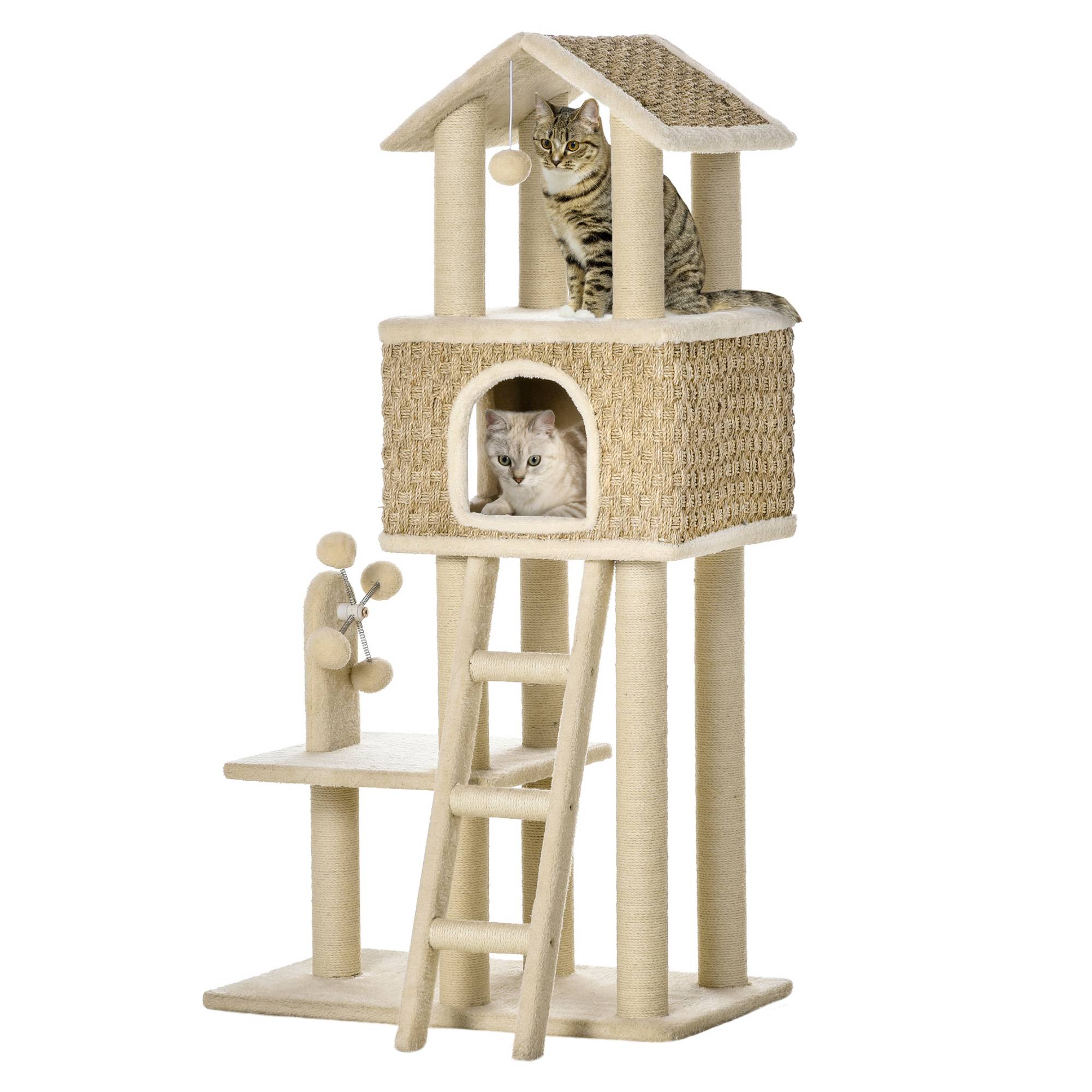 Grand arbre à chat 130cm avec grotte et balles, poteaux jute, kaki+beige, panneau de particules peluche - Image 1