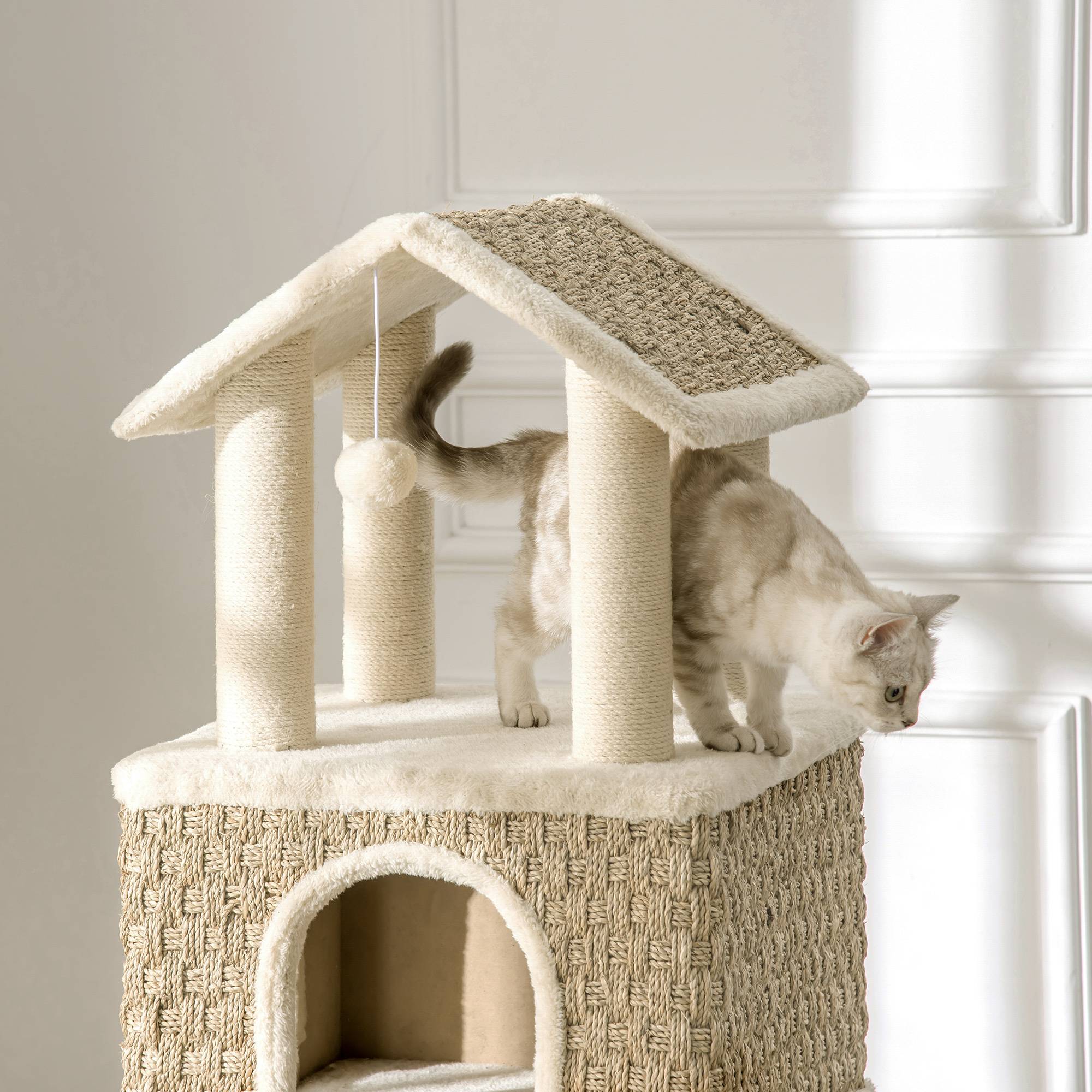 Grand arbre à chat 130cm avec grotte et balles, poteaux jute, kaki+beige, panneau de particules peluche - Image 7