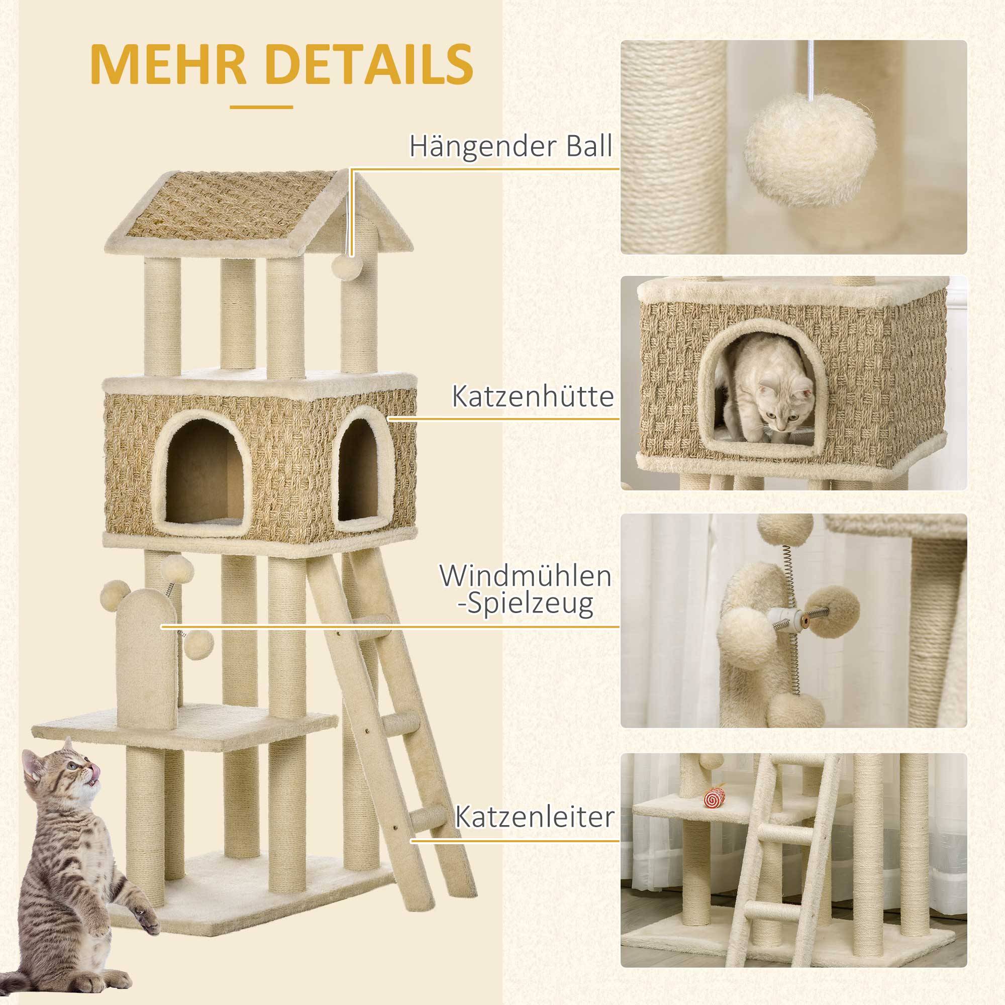 Grand arbre à chat 130cm avec grotte et balles, poteaux jute, kaki+beige, panneau de particules peluche - Image 5