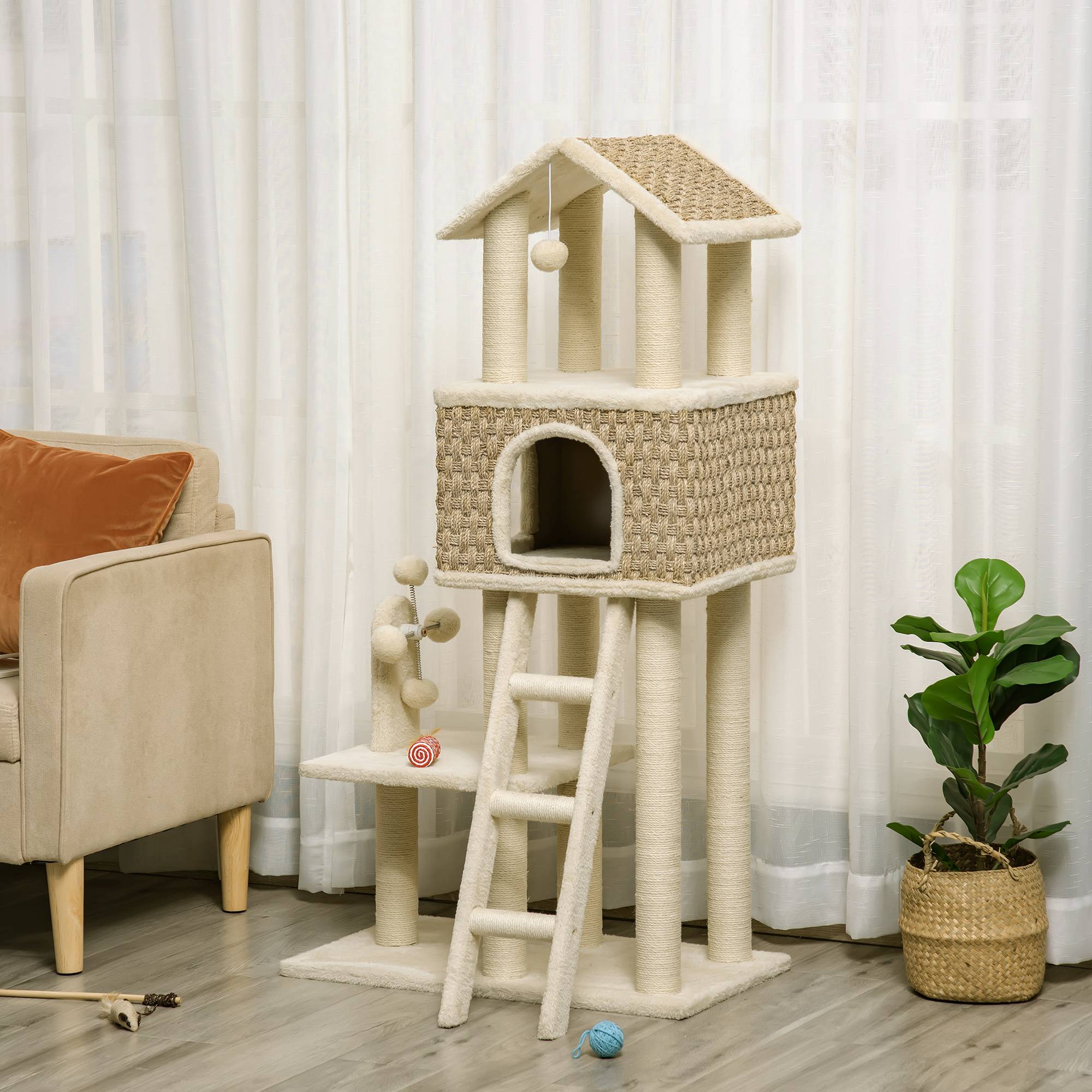 Grand arbre à chat 130cm avec grotte et balles, poteaux jute, kaki+beige, panneau de particules peluche - Image 2