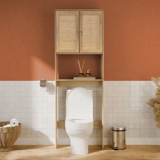 Etagère meuble WC décor bois et cannage Bohème 1 étagère 64 x 20 x 180 cm naturel | sweeek - Image 1