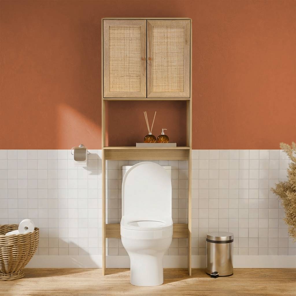 Etagère meuble WC décor bois et cannage Bohème 1 étagère 64 x 20 x 180 cm naturel | sweeek - Image 1