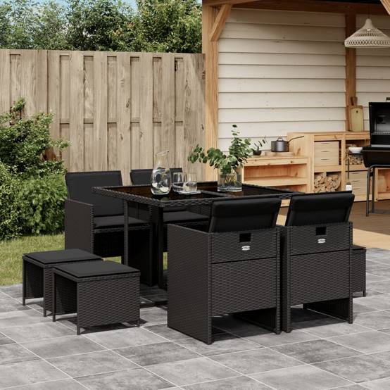 Table et Chaises de Jardin Cube 8 Places, Rangement Optimisé, Résine et Coussins Noirs – ComfortXL Outdoor Living - Image 1