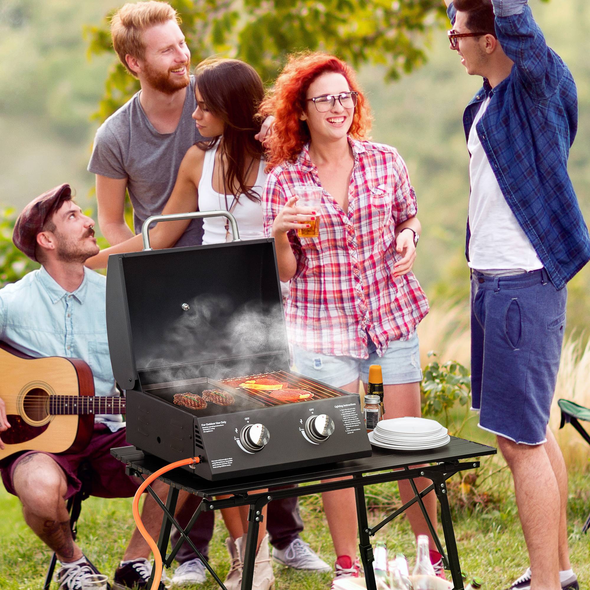 Barbecue à Gaz de Table Pliable 2 Brûleurs avec Couvercle, Grill Portable en Acier au Carbone, Noir 55 x 46,5 cm - Image 3