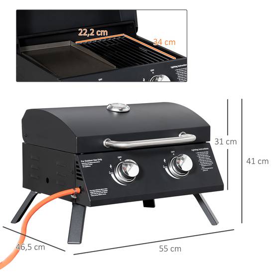 Barbecue à Gaz de Table Pliable 2 Brûleurs avec Couvercle, Grill Portable en Acier au Carbone, Noir 55 x 46,5 cm - Image 5