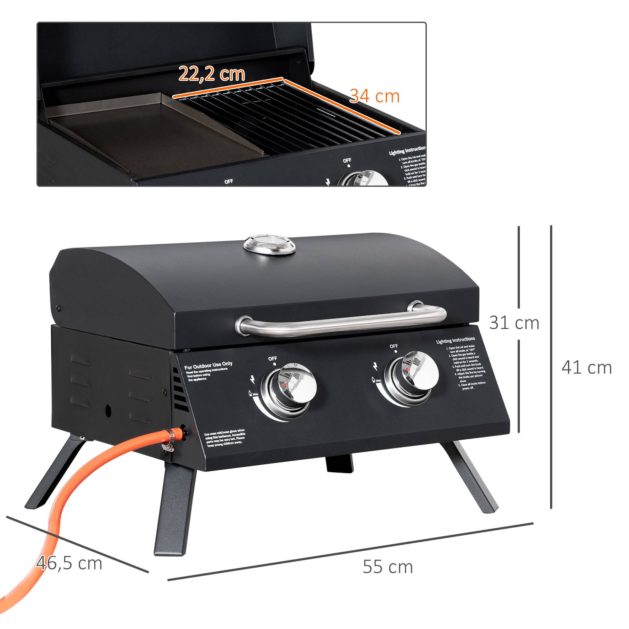 Barbecue à Gaz de Table Pliable 2 Brûleurs avec Couvercle, Grill Portable en Acier au Carbone, Noir 55 x 46,5 cm - Image 5