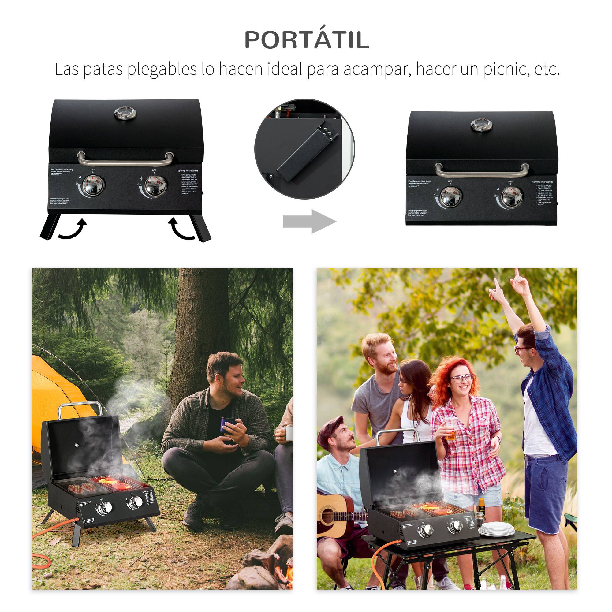 Barbecue à Gaz de Table Pliable 2 Brûleurs avec Couvercle, Grill Portable en Acier au Carbone, Noir 55 x 46,5 cm - Image 7