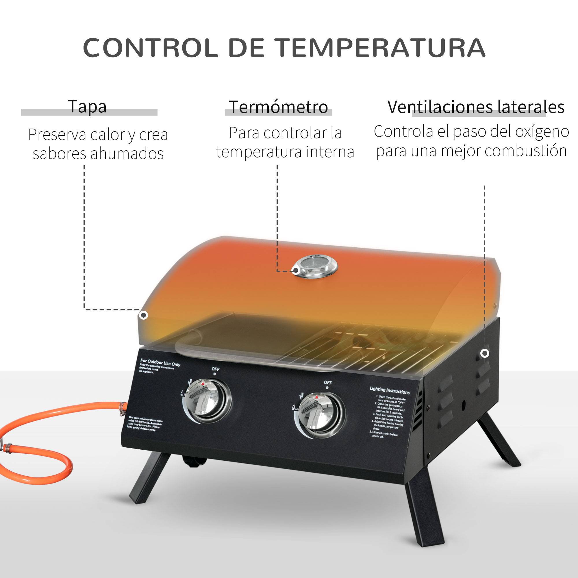 Barbecue à Gaz de Table Pliable 2 Brûleurs avec Couvercle, Grill Portable en Acier au Carbone, Noir 55 x 46,5 cm - Image 6