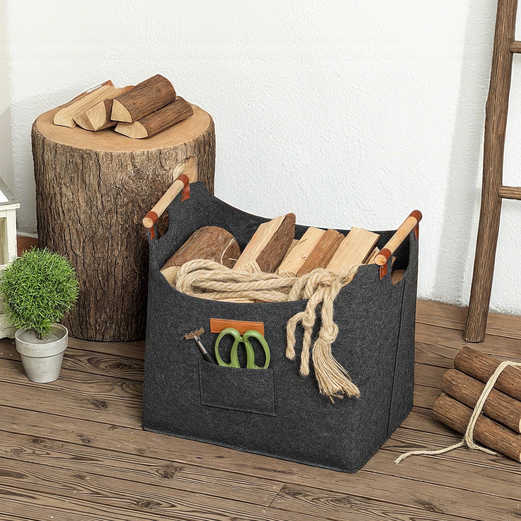 Porte-bûches en feutre pour usage intérieur avec poignées en bois, capacité de 15 kg, 45 x 32 x 40 cm, gris - Image 4