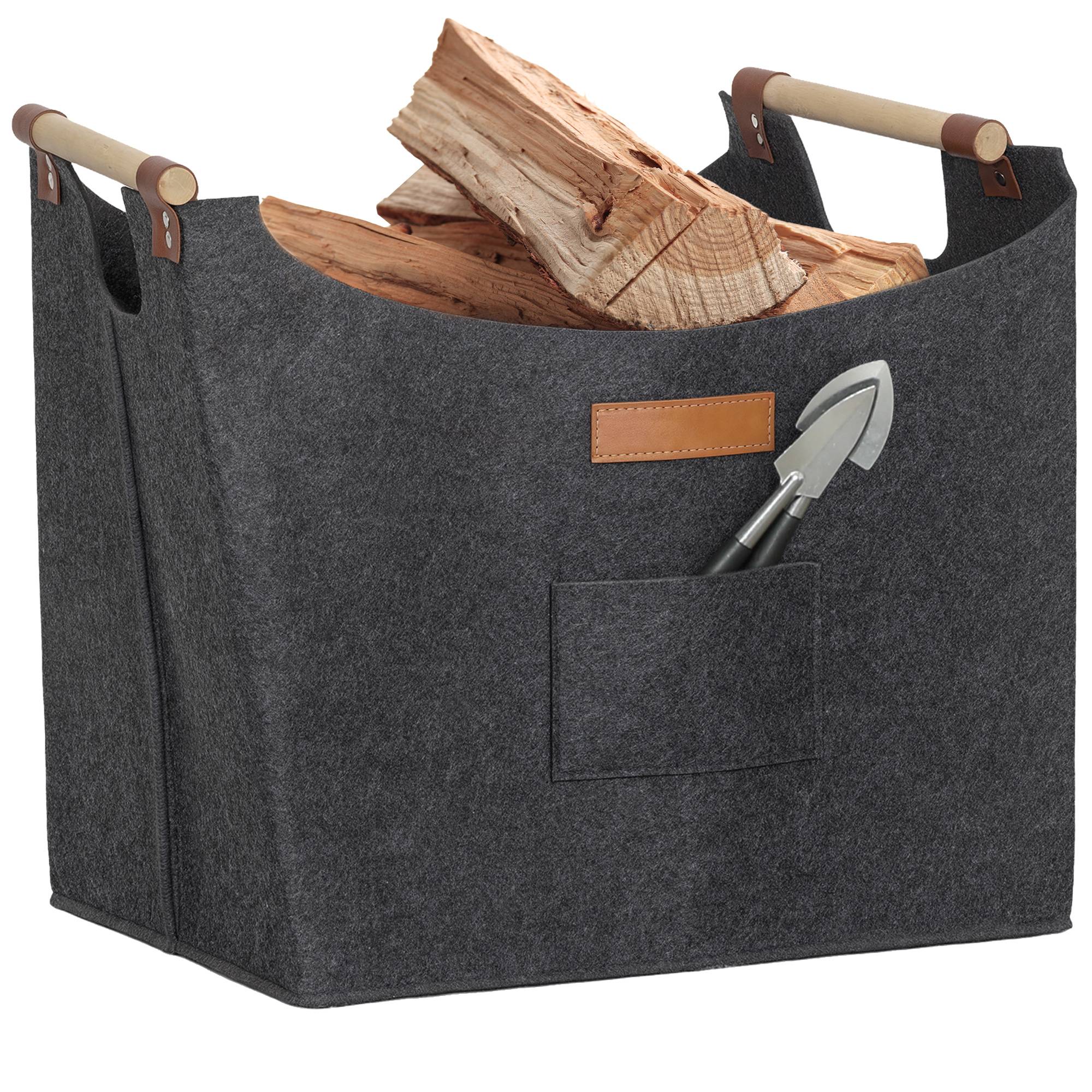 Porte-bûches en feutre pour usage intérieur avec poignées en bois, capacité de 15 kg, 45 x 32 x 40 cm, gris - Image 1