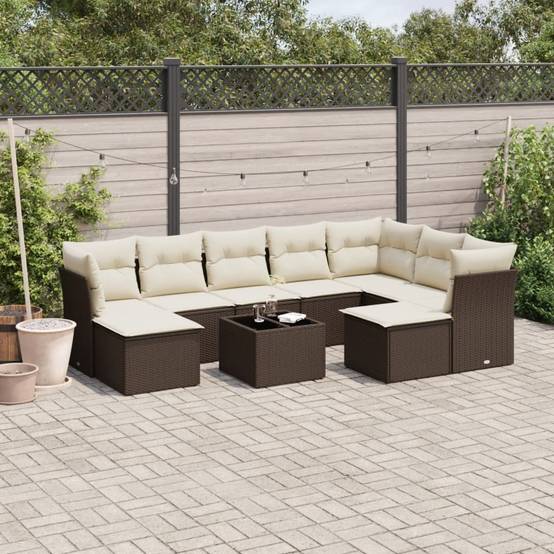 Salon de Jardin Poly Rotin Modulable 10 Pièces avec Table et Poufs pour Patio Marron Coussins Crème – ComfortXL Outdoor Living - Image 1