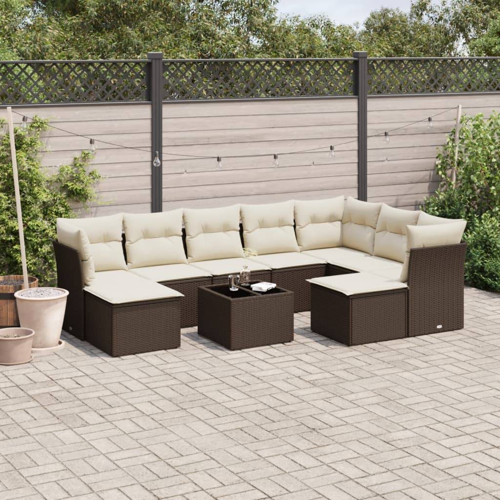 Salon de Jardin Poly Rotin Modulable 10 Pièces avec Table et Poufs pour Patio Marron Coussins Crème – ComfortXL Outdoor Living - Image 1