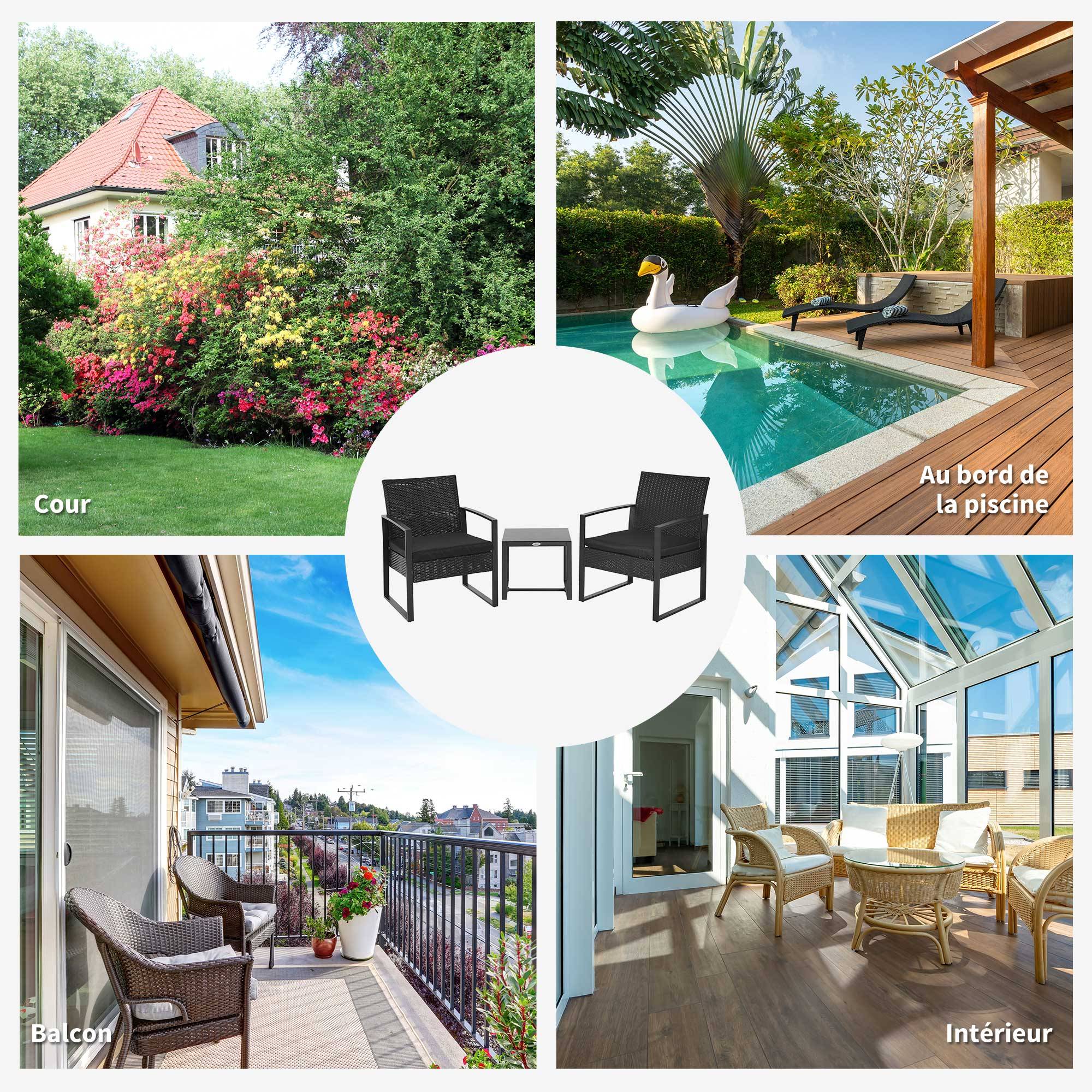 Outsunny - Salon de jardin 2 places 3 pièces 2 chaises avec coussins + table basse plateau verre trempé résine tressée 4 fils imitation rotin noir - Outsunny - Imagen 6