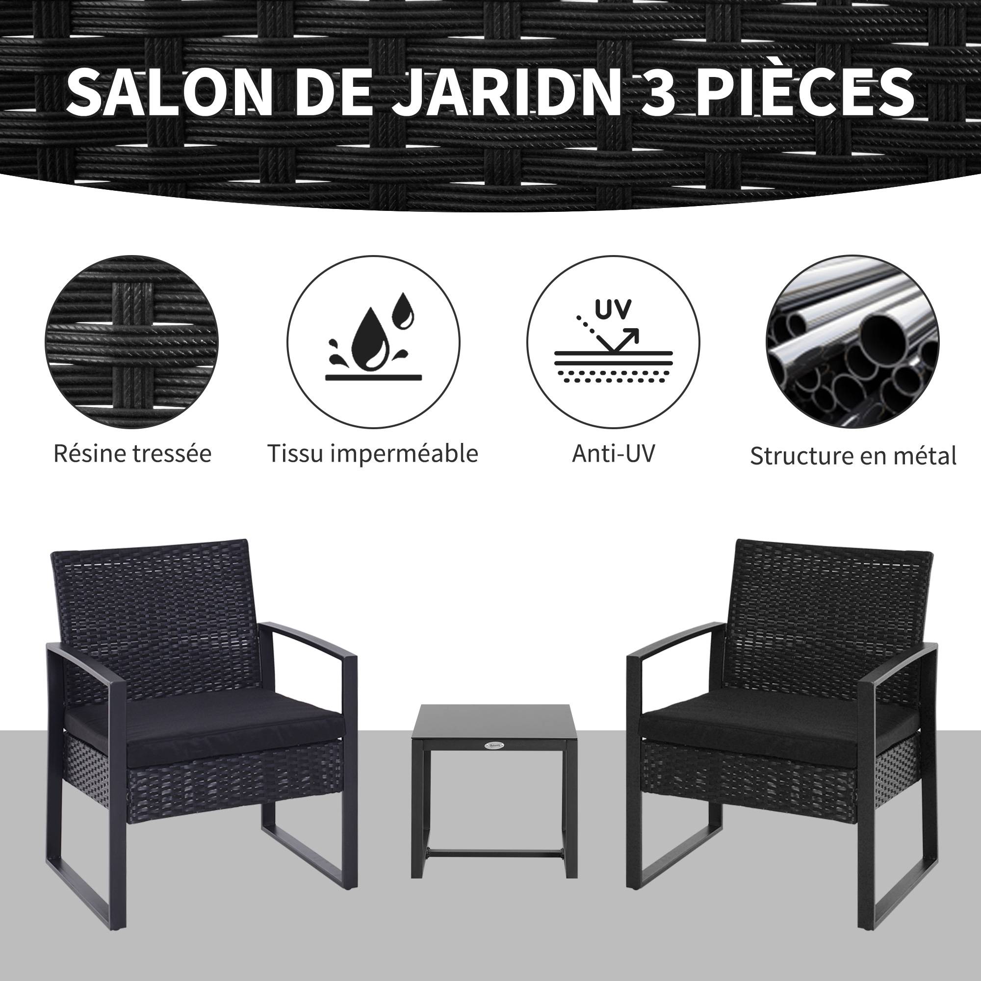 Outsunny - Salon de jardin 2 places 3 pièces 2 chaises avec coussins + table basse plateau verre trempé résine tressée 4 fils imitation rotin noir - Outsunny - Imagen 4