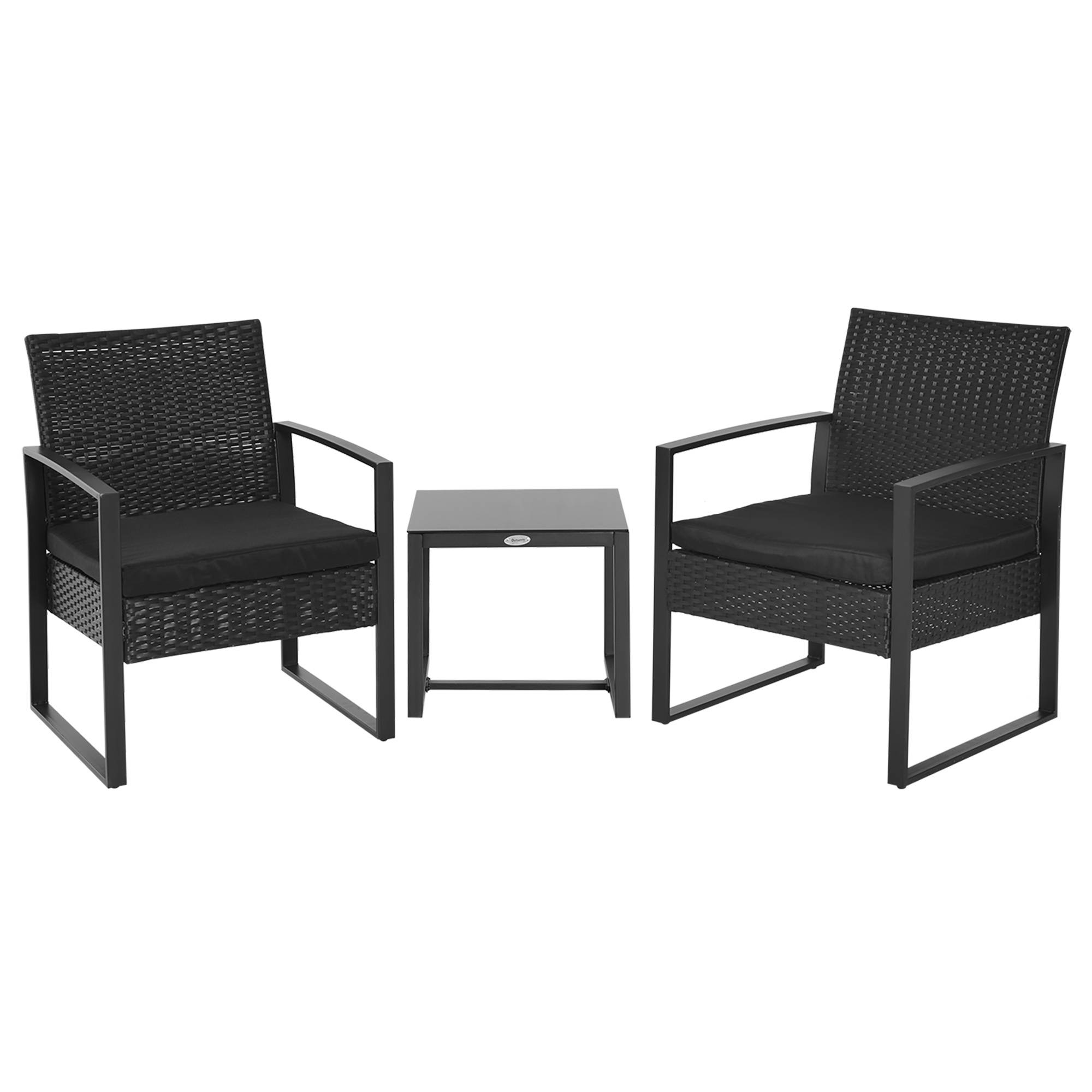 Outsunny - Salon de jardin 2 places 3 pièces 2 chaises avec coussins + table basse plateau verre trempé résine tressée 4 fils imitation rotin noir - Outsunny - Imagen 1