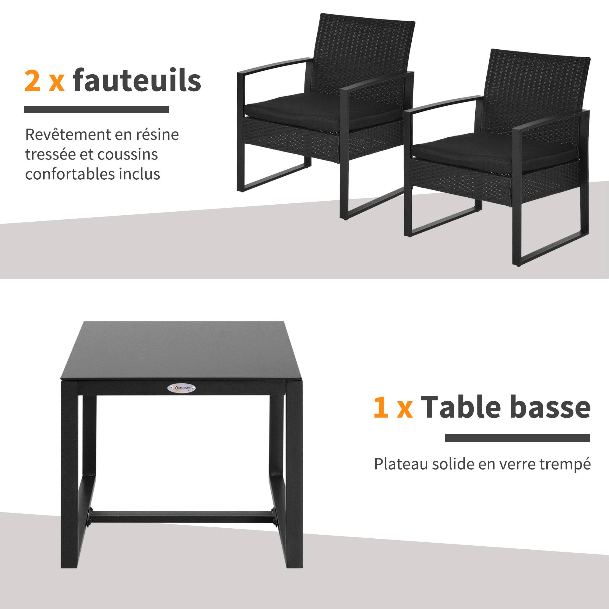 Outsunny - Salon de jardin 2 places 3 pièces 2 chaises avec coussins + table basse plateau verre trempé résine tressée 4 fils imitation rotin noir - Outsunny - Imagen 5