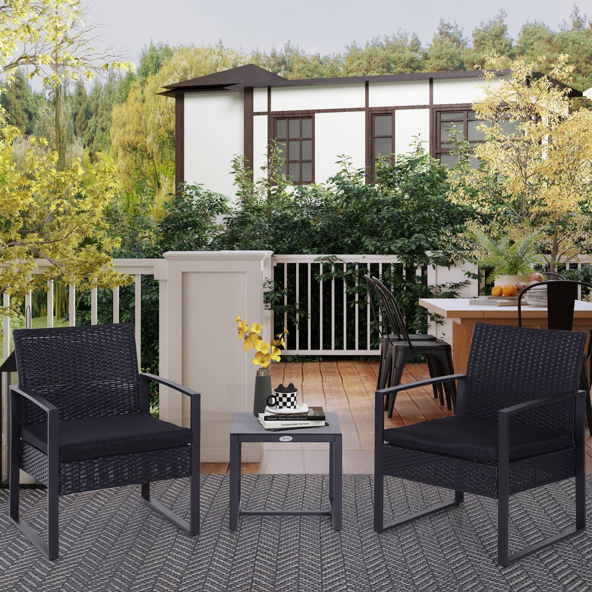 Outsunny - Salon de jardin 2 places 3 pièces 2 chaises avec coussins + table basse plateau verre trempé résine tressée 4 fils imitation rotin noir - Outsunny - Imagen 2