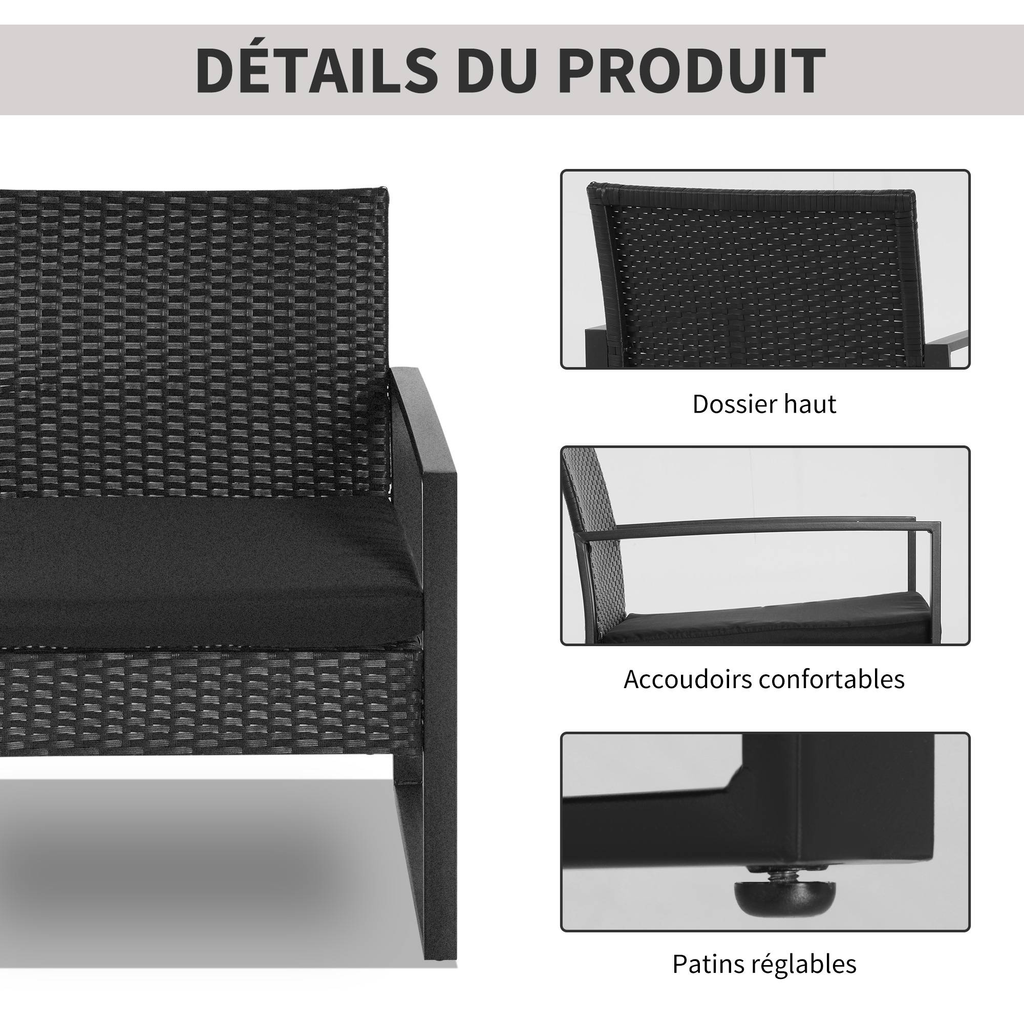 Outsunny - Salon de jardin 2 places 3 pièces 2 chaises avec coussins + table basse plateau verre trempé résine tressée 4 fils imitation rotin noir - Outsunny - Imagen 7