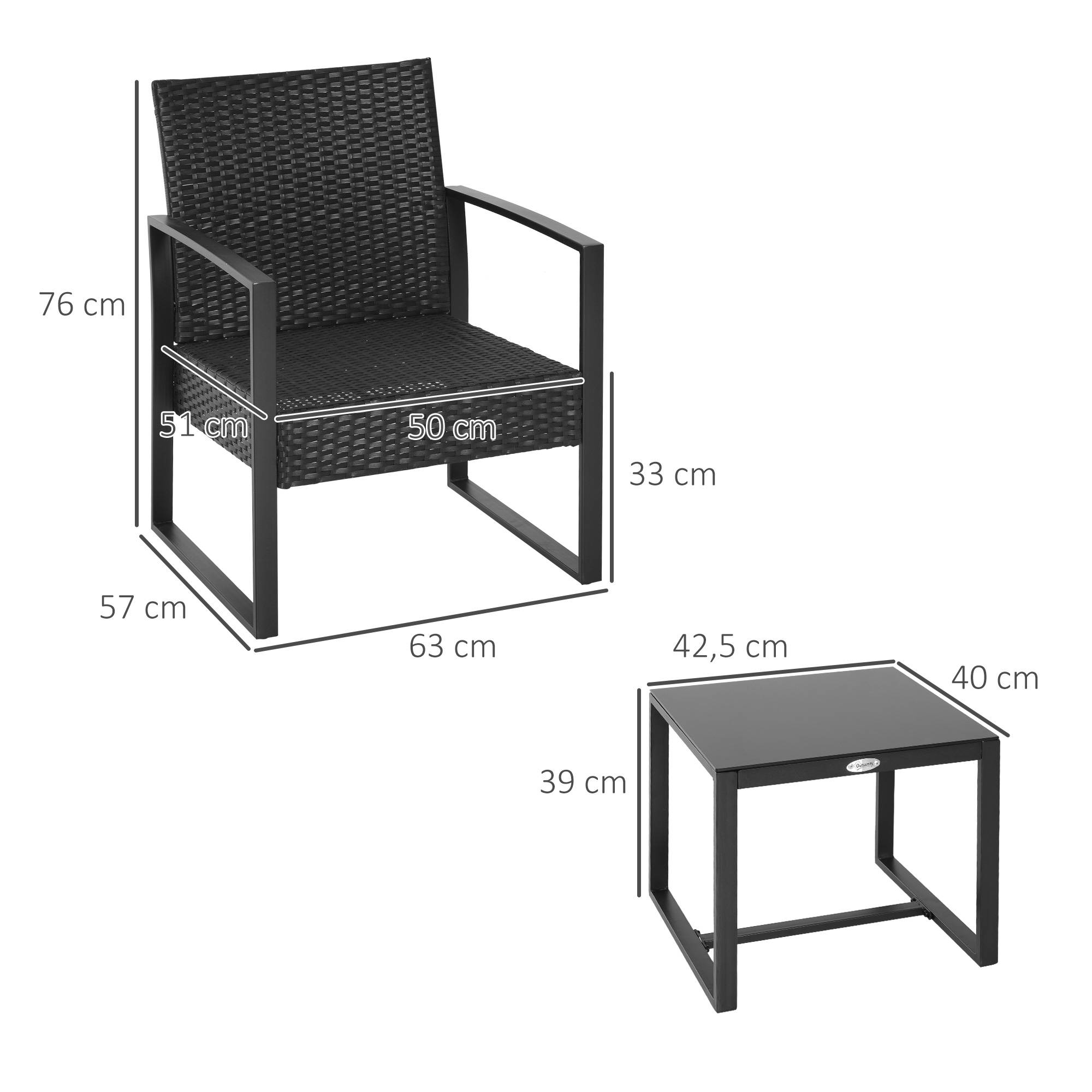Outsunny - Salon de jardin 2 places 3 pièces 2 chaises avec coussins + table basse plateau verre trempé résine tressée 4 fils imitation rotin noir - Outsunny - Imagen 3