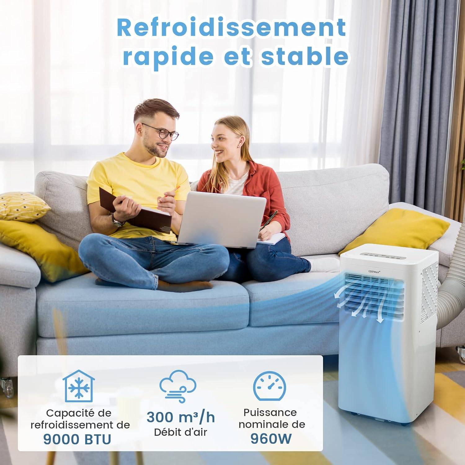 COSTWAY Climatiseur Mobile 9000BTU Déshumidification Ventilateur Veille Intelligent Minuterie 24h, Filtre à Air Lavable Télécommande - Image 3