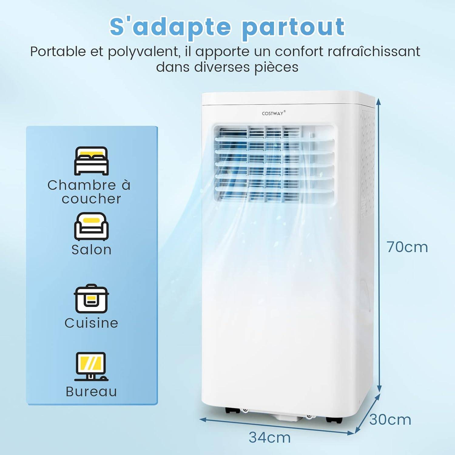 COSTWAY Climatiseur Mobile 9000BTU Déshumidification Ventilateur Veille Intelligent Minuterie 24h, Filtre à Air Lavable Télécommande - Image 5