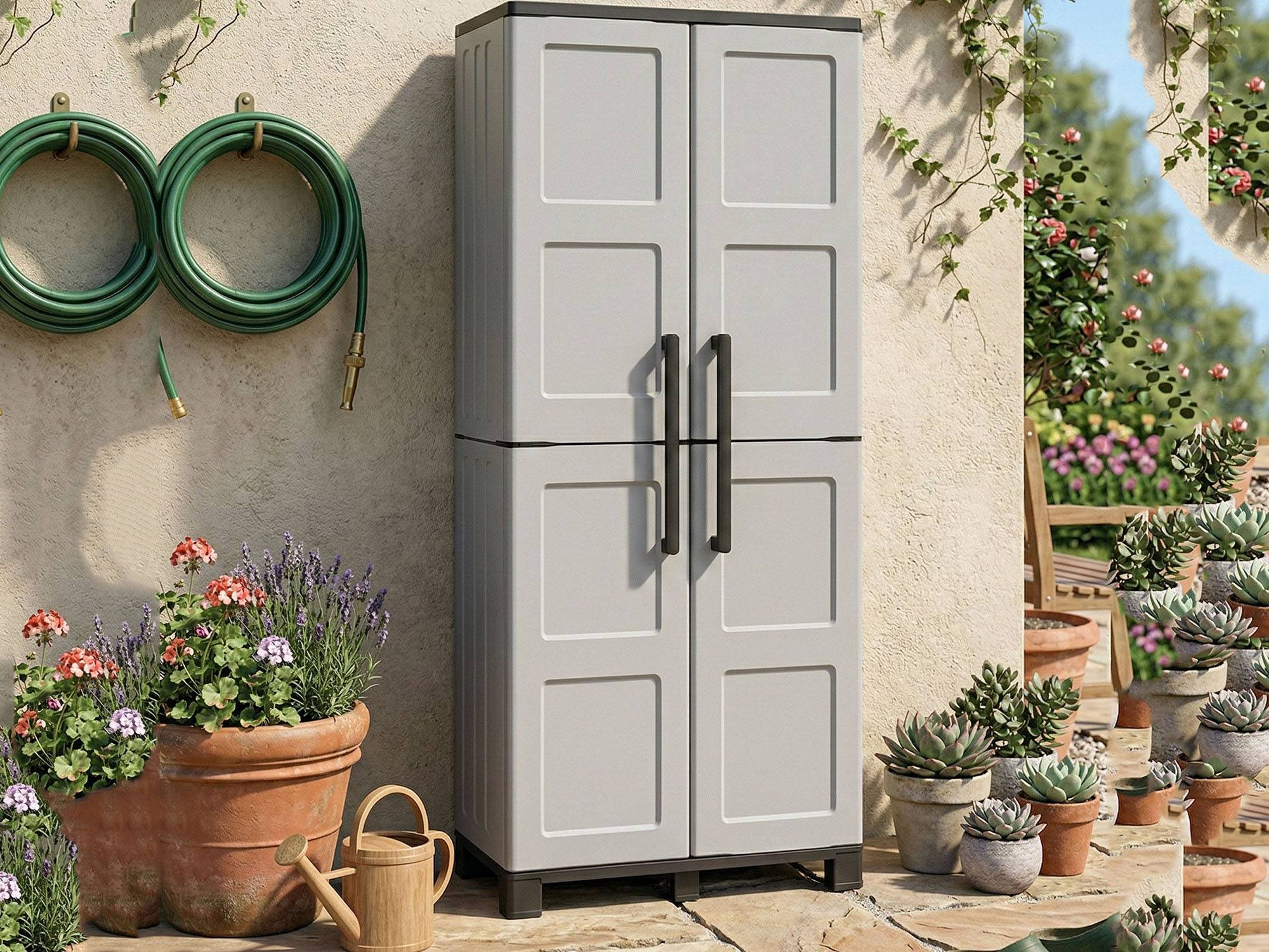 Dmora - Armoire d'extérieur Verviers, Armoire de balcon polyvalente à 2 portes, 100% Made in Italy, 68x37h169 cm, Gris clair et noir, Finition damier - Imagen 6