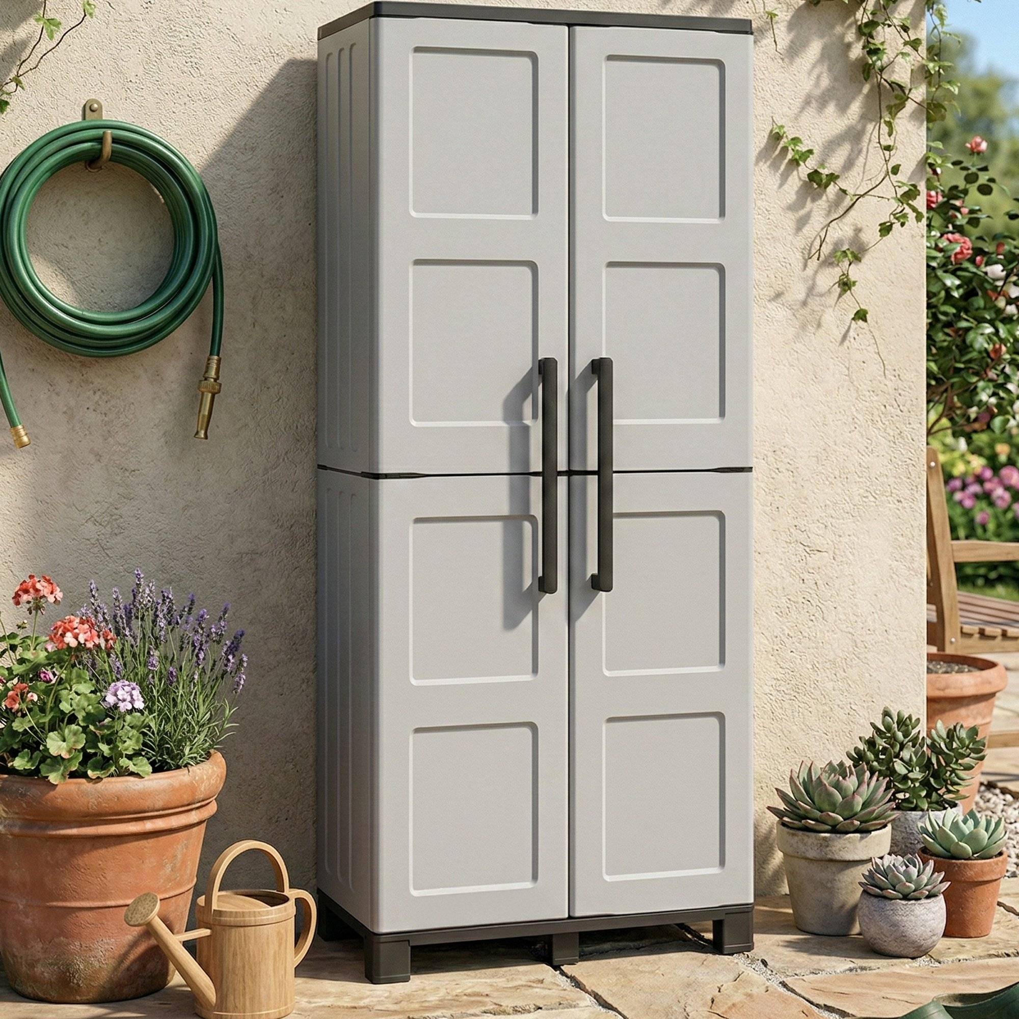 Dmora - Armoire d'extérieur Verviers, Armoire de balcon polyvalente à 2 portes, 100% Made in Italy, 68x37h169 cm, Gris clair et noir, Finition damier - Imagen 2