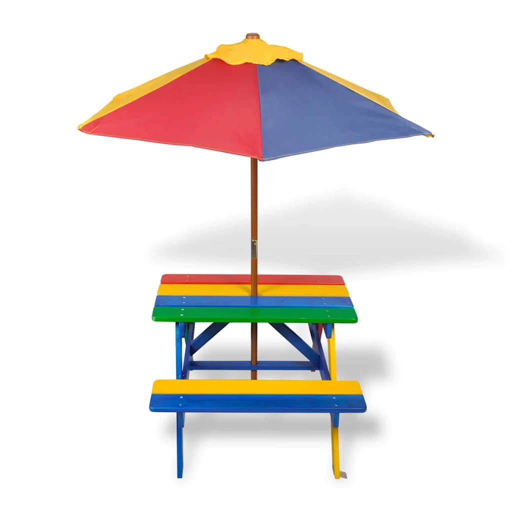 ComfortXL - Table de Pique-Nique pour Enfants en Bois Multicolore avec Bancs et Parasol Arc-en-ciel – ComfortXL Outdoor Living - Image 2