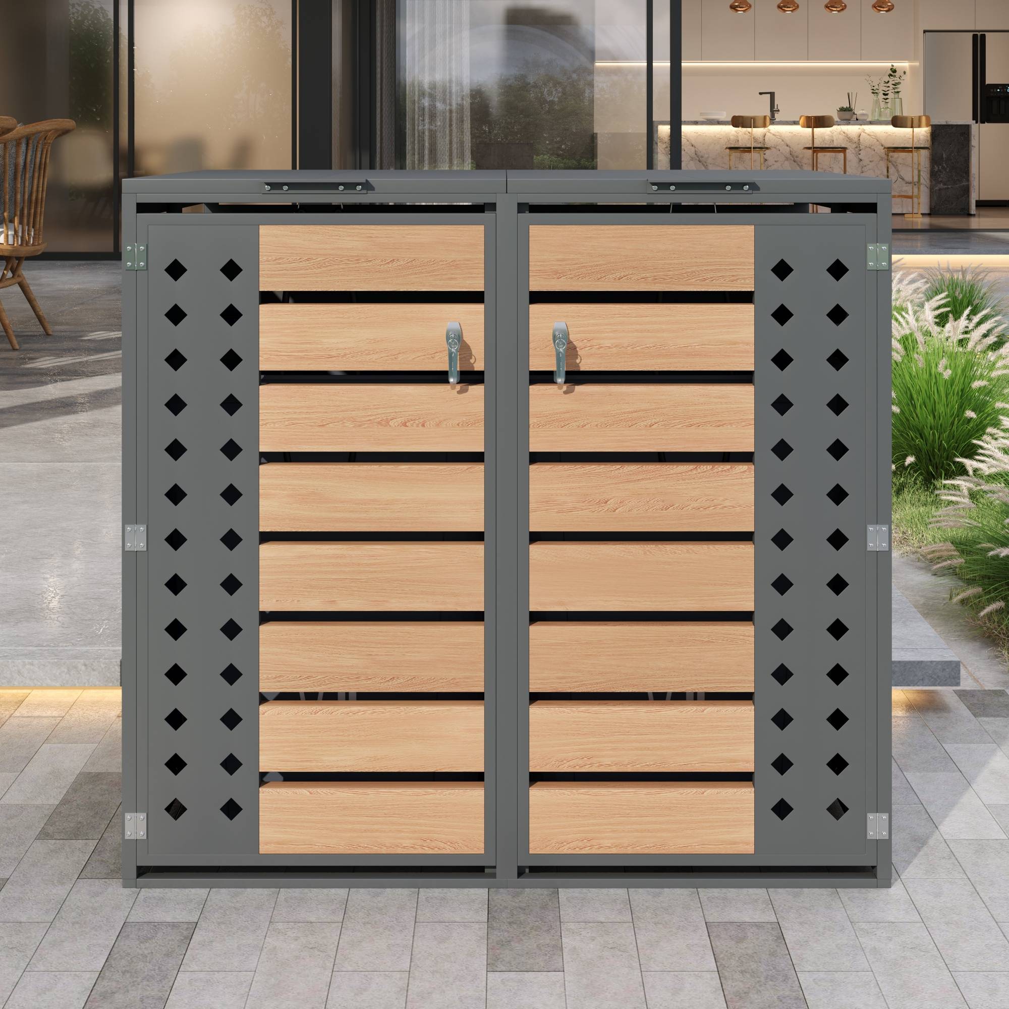 PANGIVO - Mülltonnenbox avec bois imitation gris, 132 x 80 x 118,5 cm - PANGIVO - Image 1