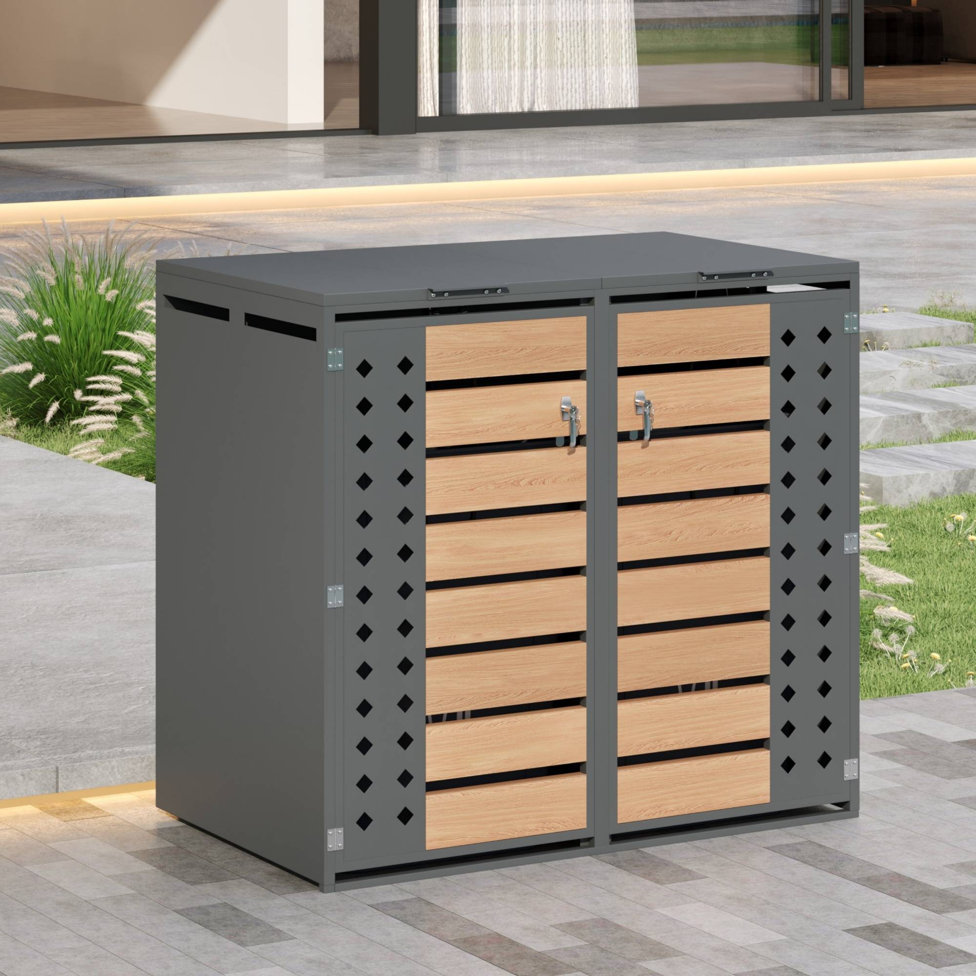 PANGIVO - Mülltonnenbox avec bois imitation gris, 132 x 80 x 118,5 cm - PANGIVO - Image 8
