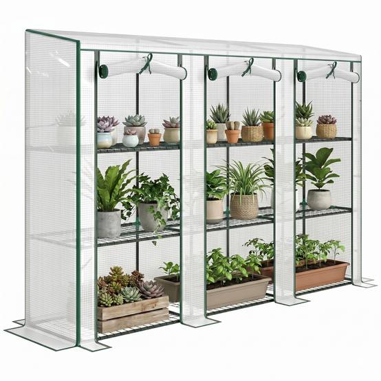 Mini serre de jardin PE balcons 3 étagères portes enroulables 215x46x151cm blanc - ComfortXL Outdoor Living - Image 1