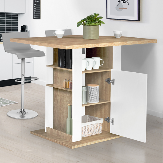 Ilot central UGO 110 cm bois blanc et imitation hêtre avec rangements - Image 3